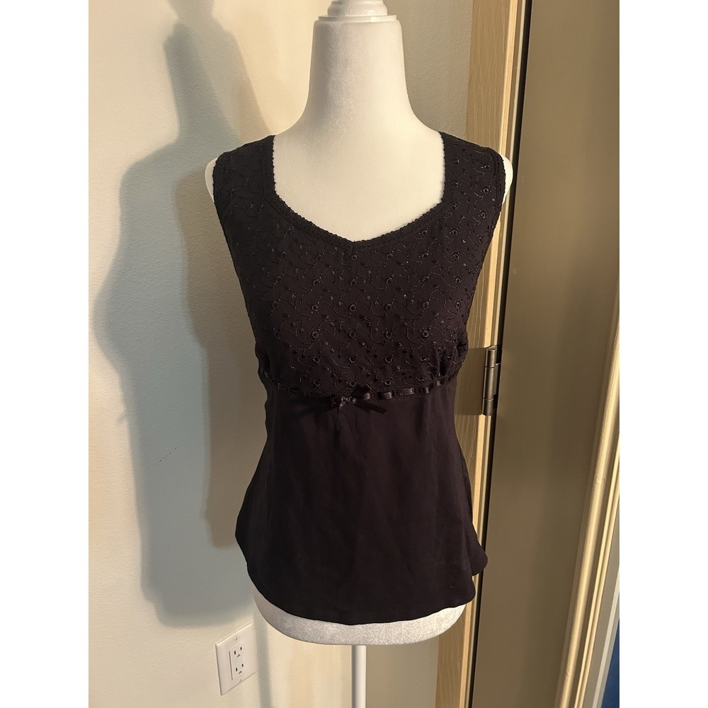 Vintage Lace Eyelet V Neck Black Bow Tank Top 90s Whimsigoth Coquette Feminine